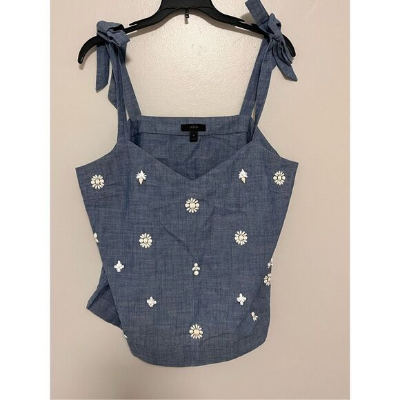 J. Crew Chambray Beaded Tie Shoulder Tank Top sz 12 EUC - Picture 1 of 7